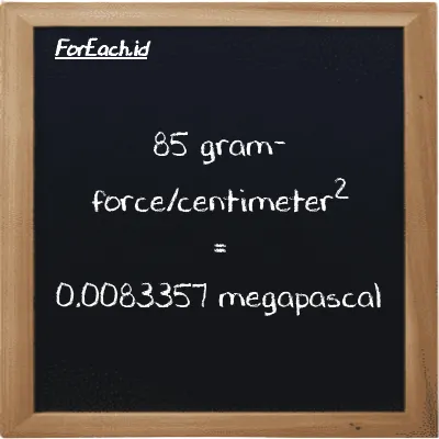 Cara konversi gram-force/centimeter<sup>2</sup> ke megapaskal (gf/cm<sup>2</sup> ke MPa): 85 gram-force/centimeter<sup>2</sup> (gf/cm<sup>2</sup>) setara dengan 85 dikalikan dengan 0.000098067 megapaskal (MPa)